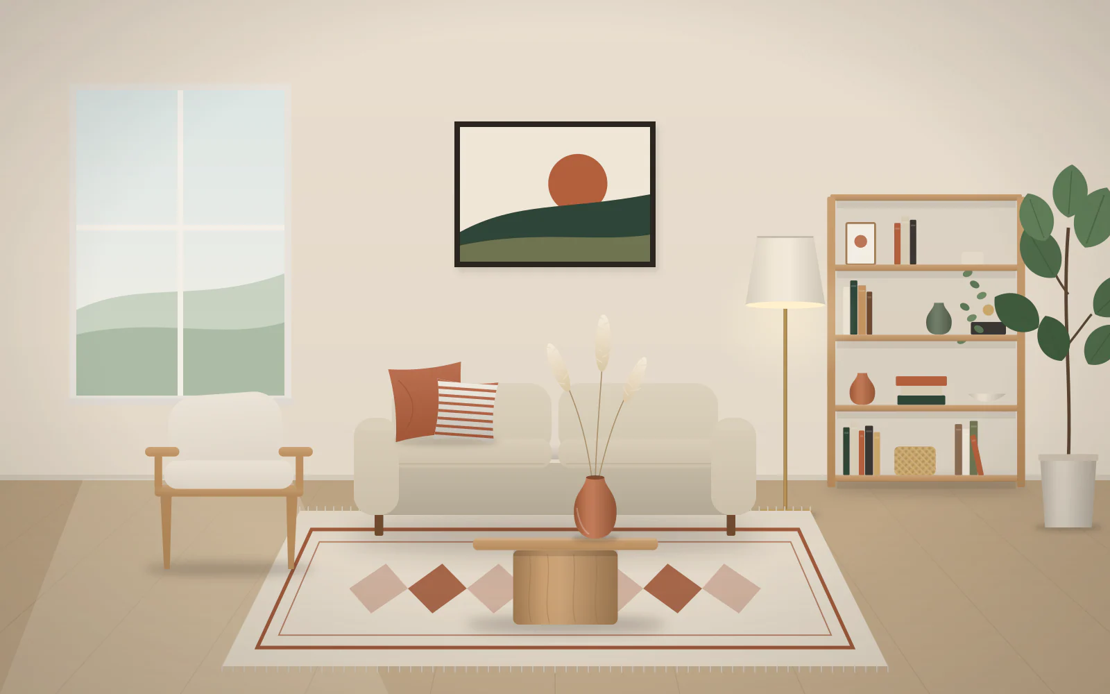 Ilustración de un living con sofá crudo, butaca, mesa ratona redonda, lámpara de pie, biblioteca y alfombra con rombos.