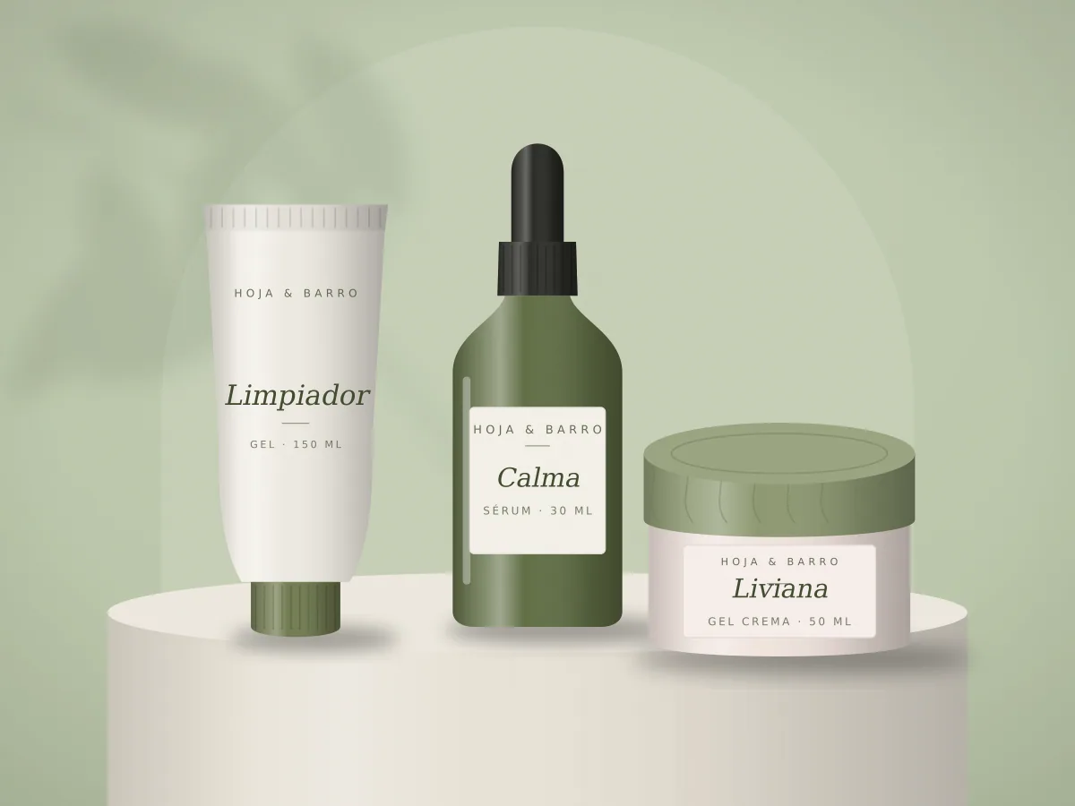Gel limpiador, sérum Calma y gel crema liviana sobre un pedestal, fondo salvia