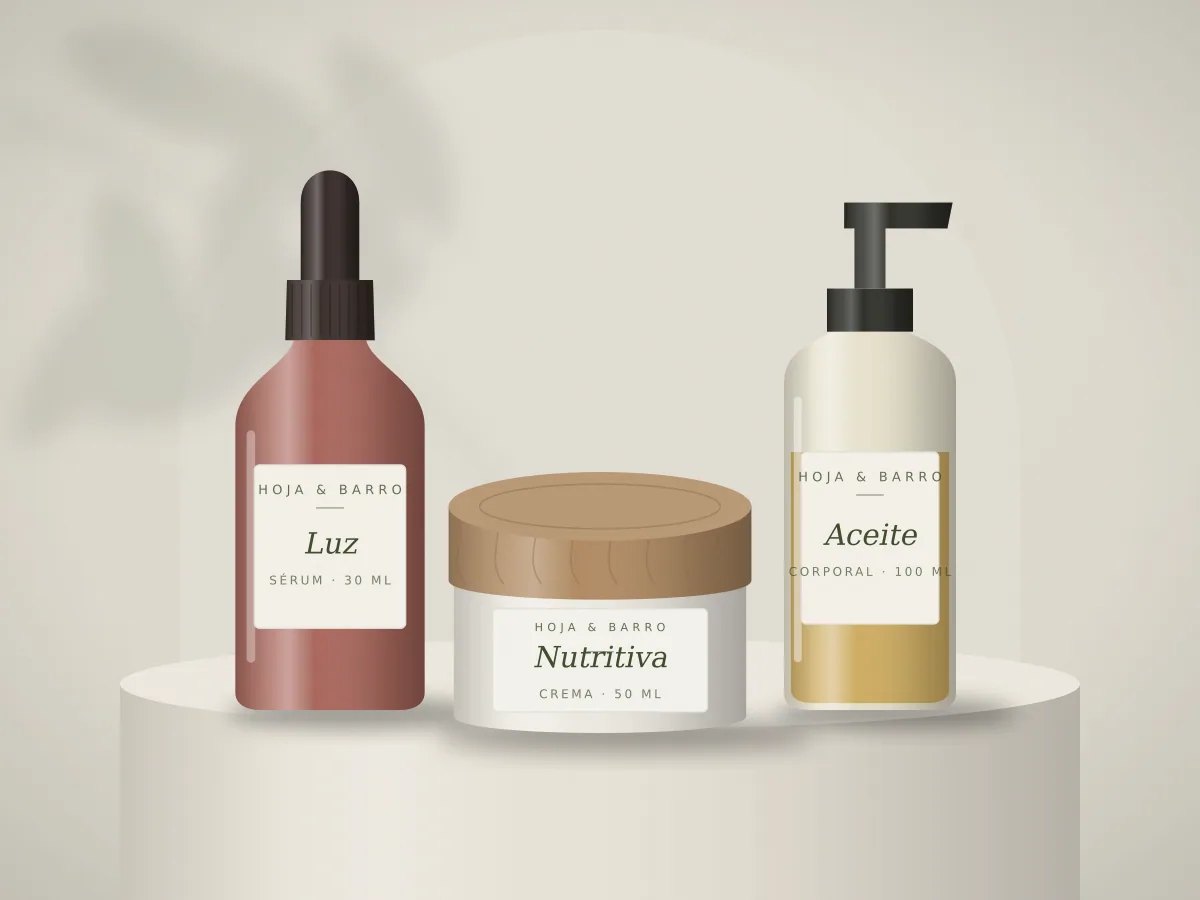 Sérum Luz, crema nutritiva y aceite corporal sobre un pedestal, fondo piedra