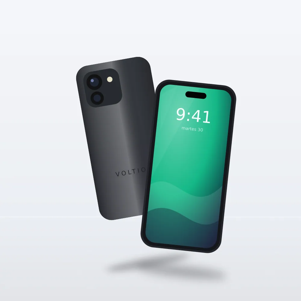Celular grafito visto de frente y de dorso, con pantalla verde