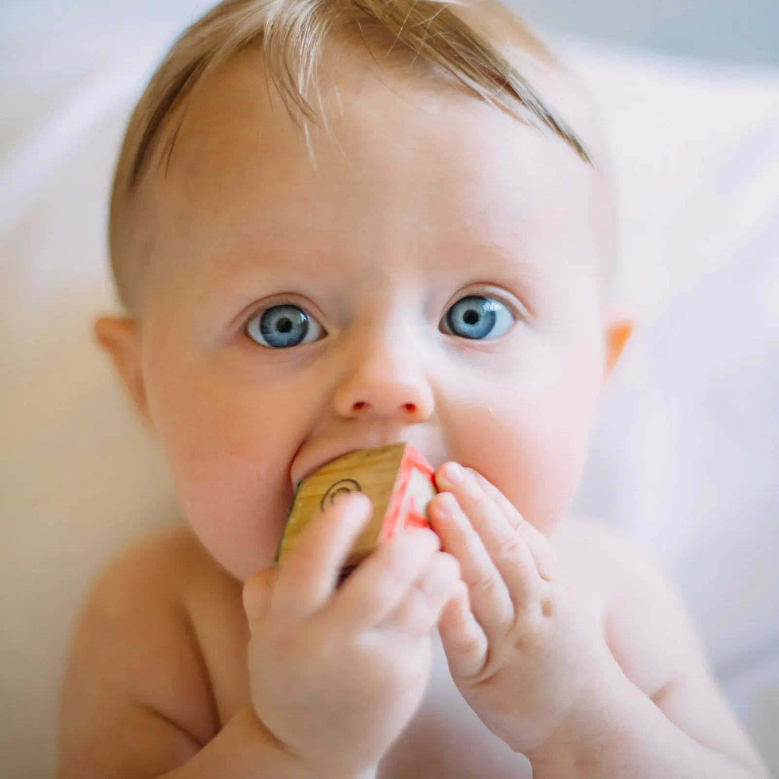 bebé de ojos celestes mordiendo un juguete
