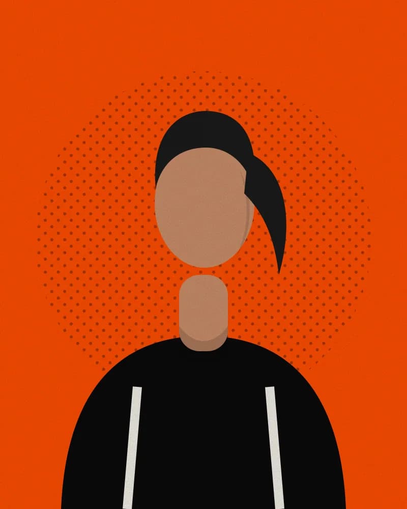 Retrato ilustrado de Martina, coach con cola de caballo y buzo negro, sobre fondo naranja