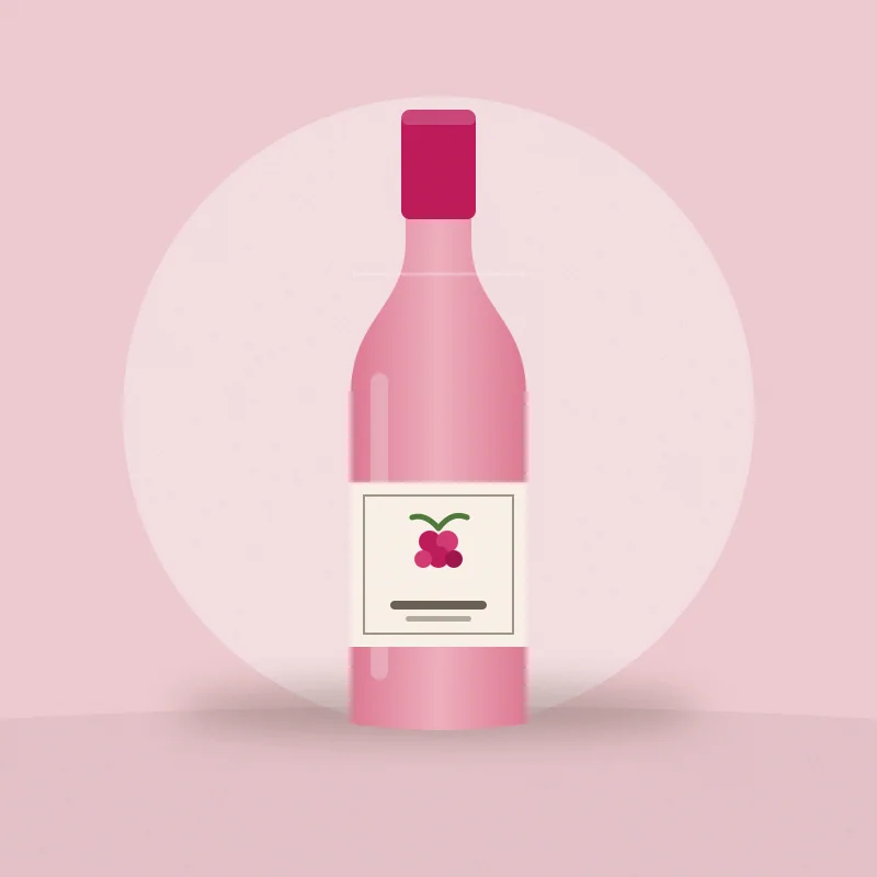 Botella de vino rosado con cápsula fucsia y etiqueta clara