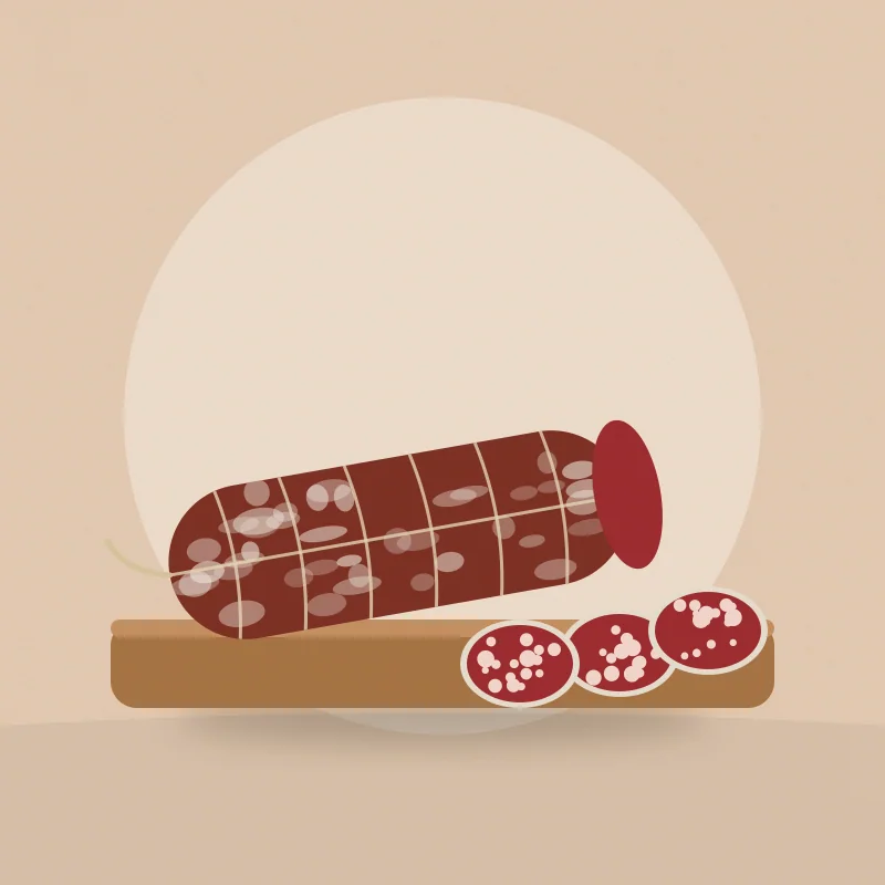 Salame atado con hilo sobre una tabla, con tres rodajas cortadas