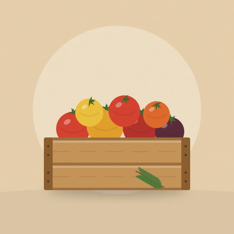 Cajón de madera con tomates rojos, amarillos, naranjas y morados