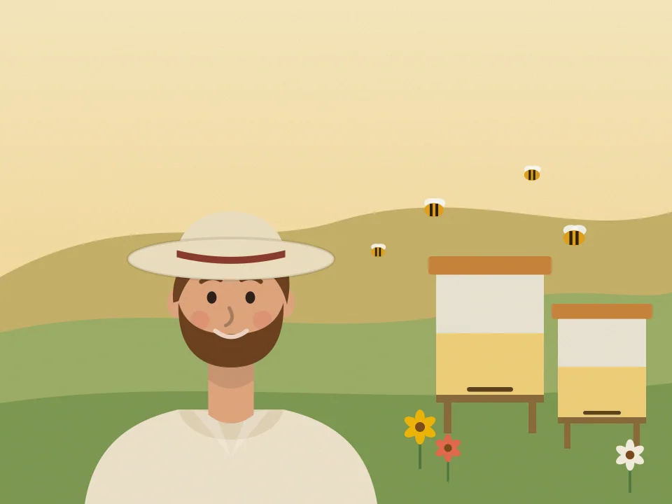 Ilustración de Tomás con sombrero de ala ancha junto a sus colmenas y flores