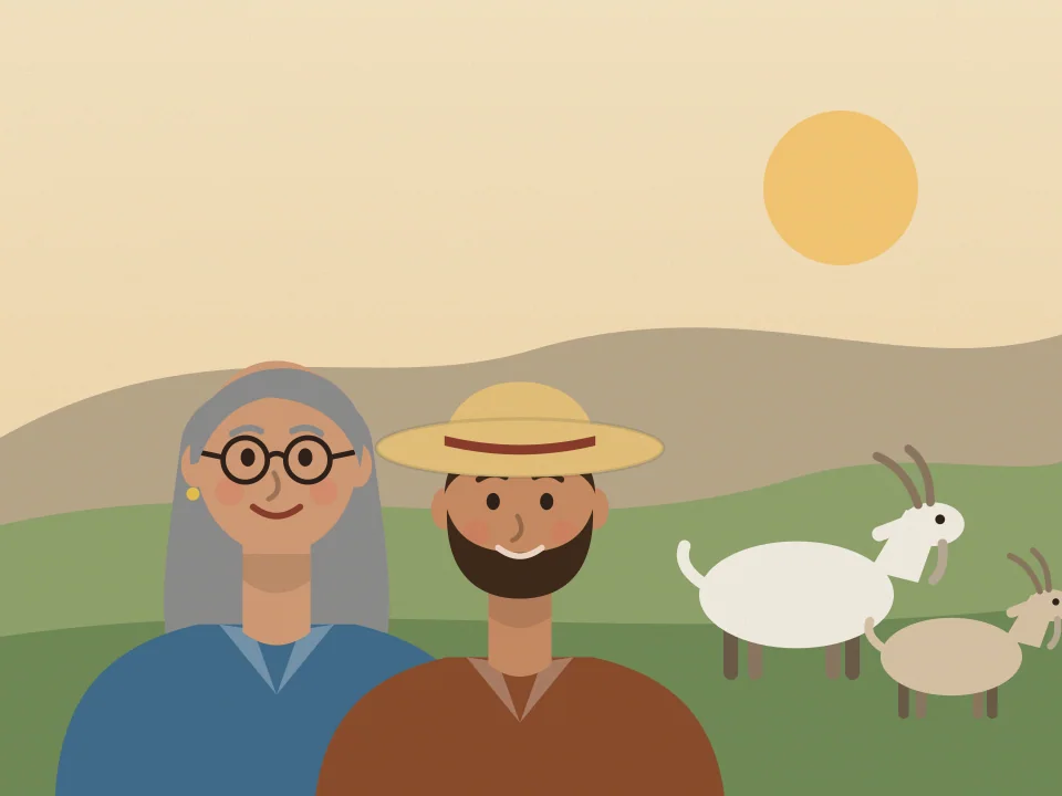 Ilustración de Mirta y Julián en el campo, con dos cabras pastando detrás