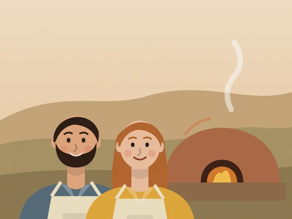 Ilustración de Lucas y Vero con delantales frente a su horno de barro encendido