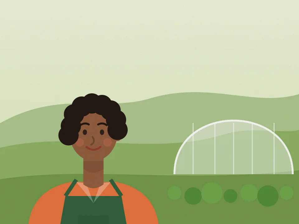 Ilustración de Paula con delantal verde, con un invernadero y canteros detrás