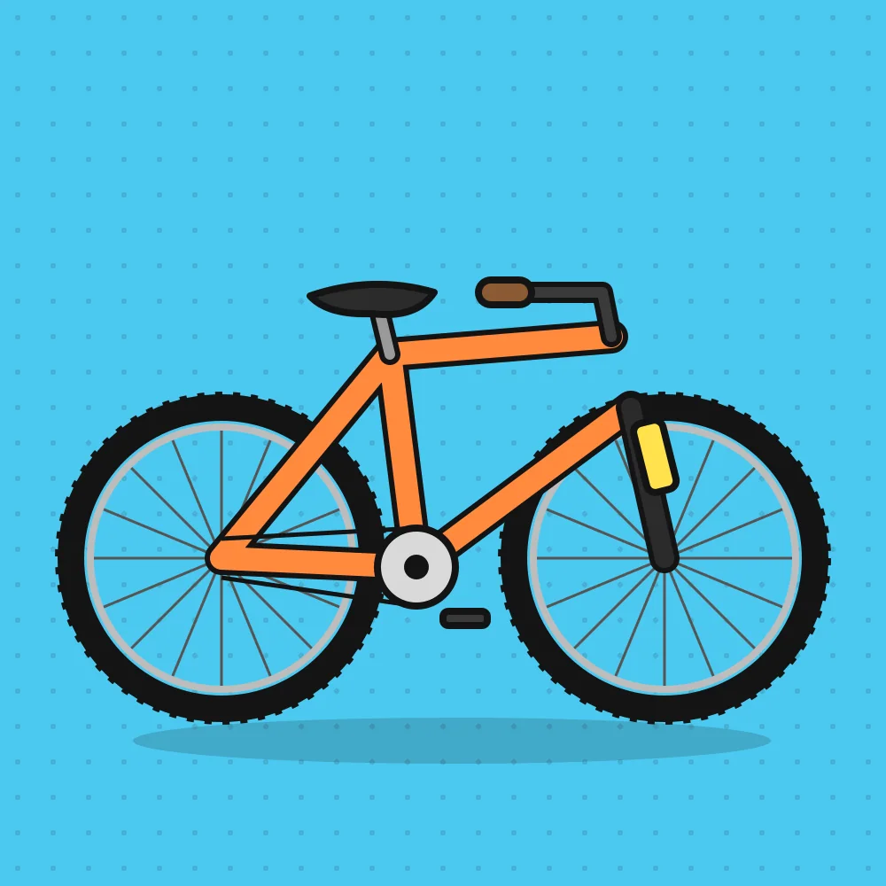 Ilustración de una mountain bike naranja con horquilla amarilla y cubiertas de taco