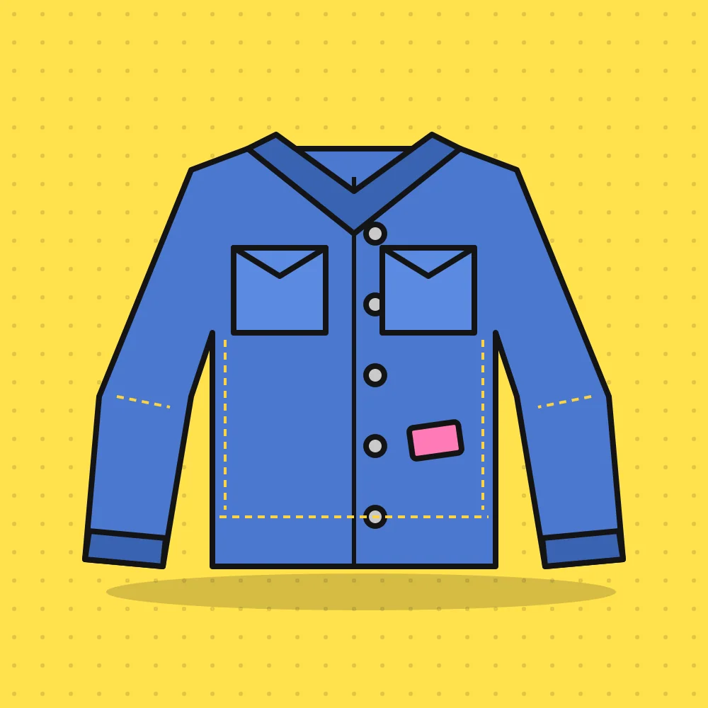 Ilustración de una campera de jean azul con bolsillos y costuras amarillas