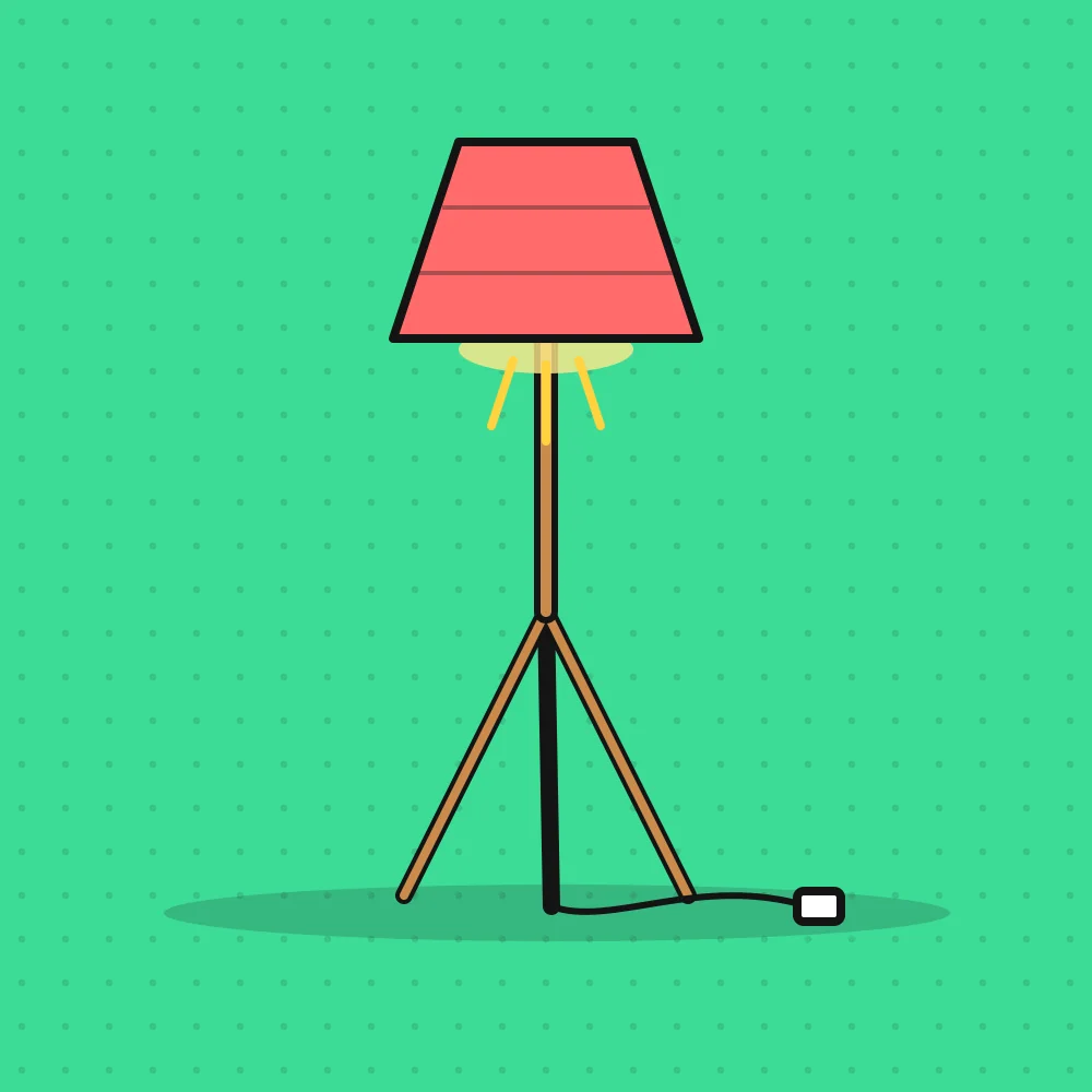 Ilustración de una lámpara de pie de tres patas de madera con pantalla coral