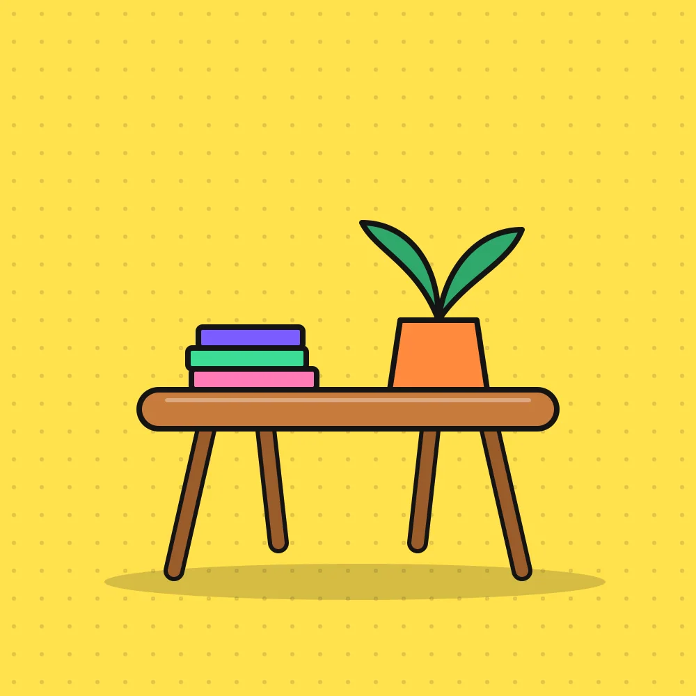 Ilustración de una mesa ratona de madera con patas inclinadas, libros y una planta
