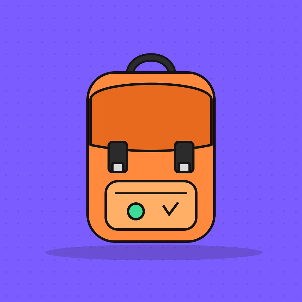 Ilustración de una mochila de lona naranja con hebillas y bolsillo frontal
