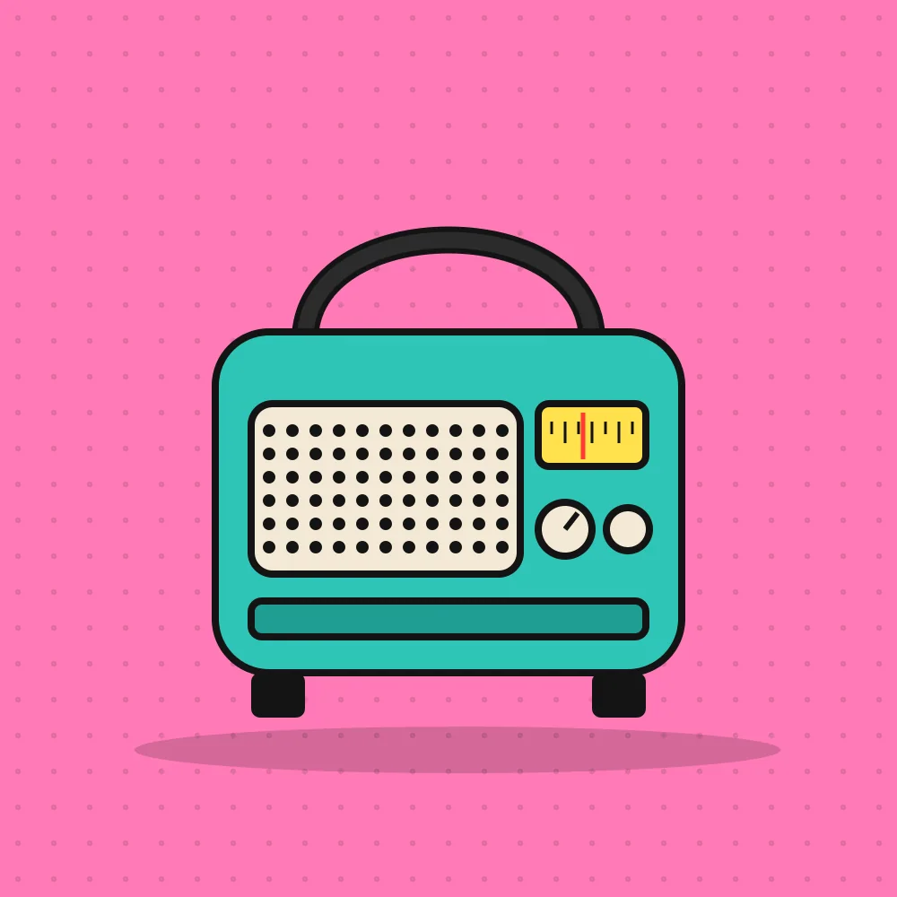 Ilustración de una radio vintage turquesa con parlante y perillas