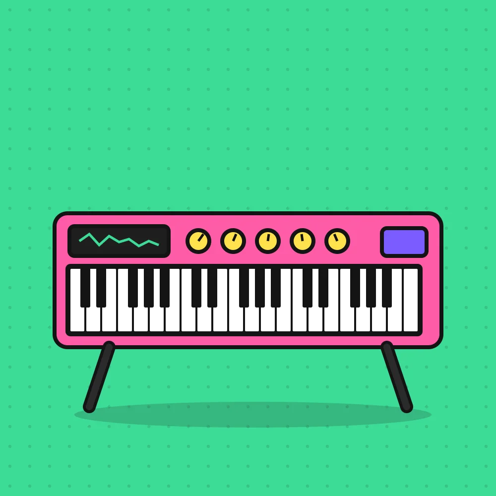 Ilustración de un teclado sintetizador rosa con perillas amarillas y pantalla