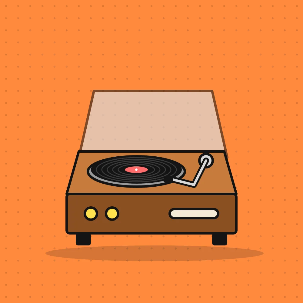 Ilustración de un tocadiscos de madera con un vinilo negro y etiqueta roja