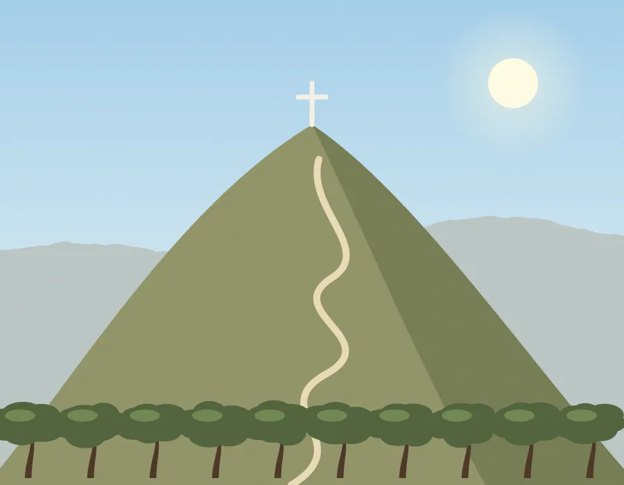 Ilustración de un cerro con un sendero serpenteante y una cruz en la cumbre