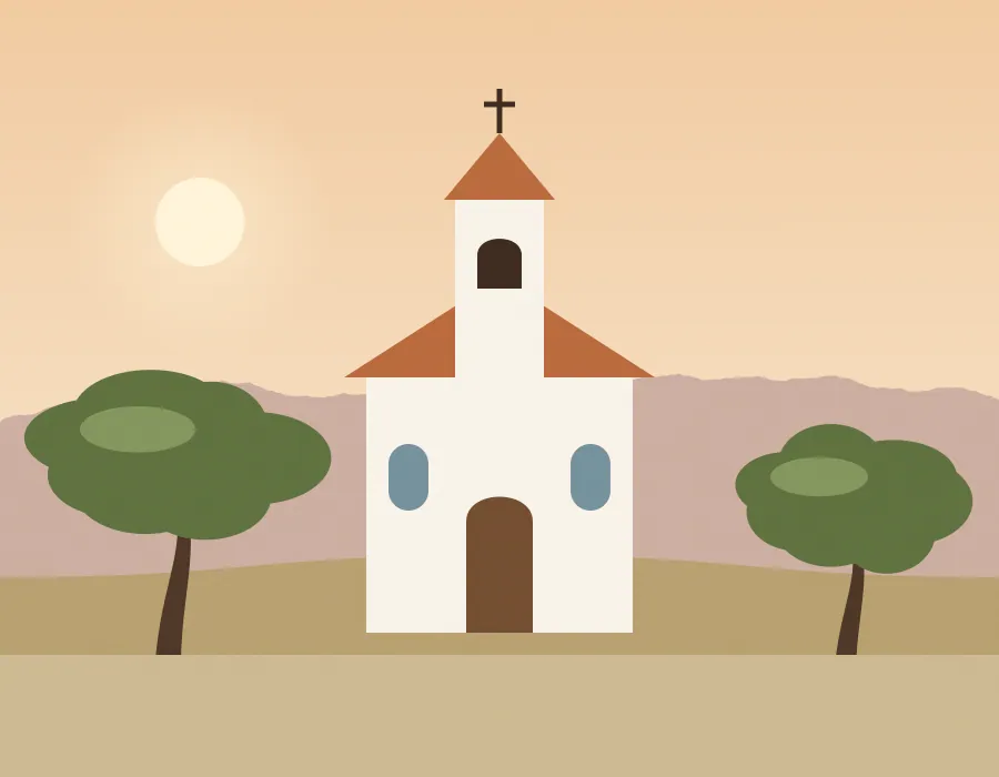 Ilustración de una capilla blanca con campanario entre algarrobos