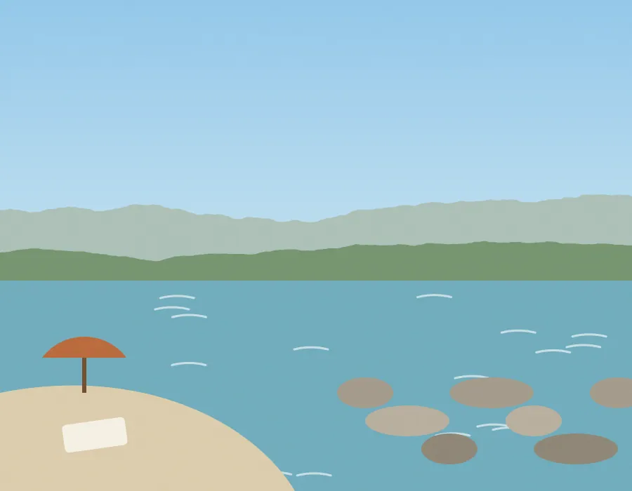 Ilustración de un río de montaña con piedras y una sombrilla en la orilla