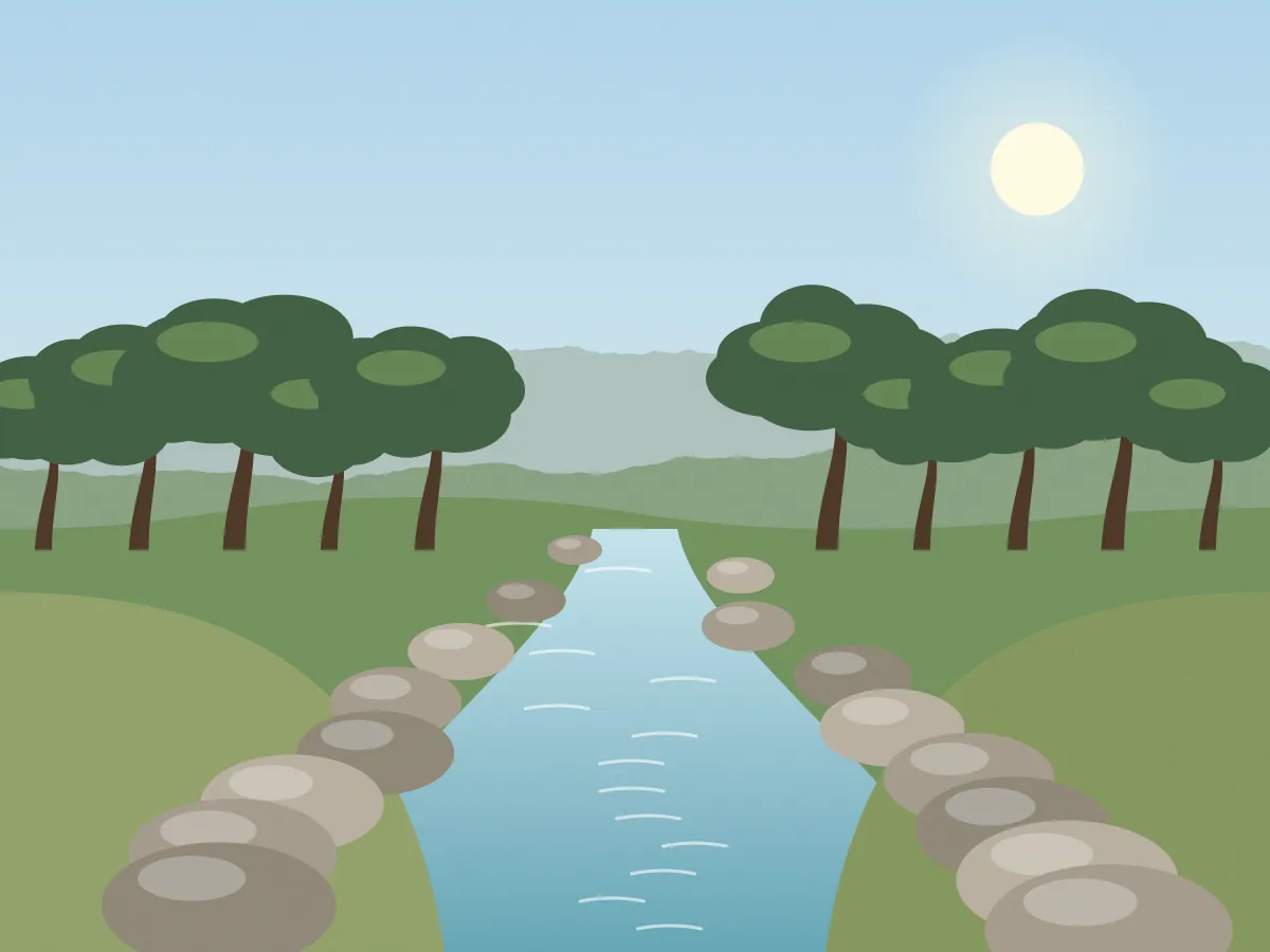 Ilustración del arroyo entre piedras y árboles nativos