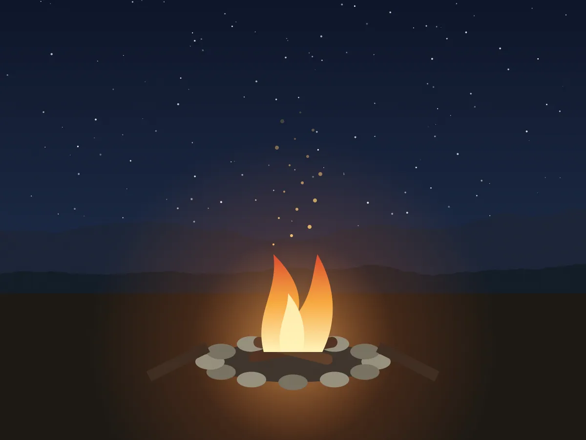 Ilustración del fogón encendido bajo un cielo estrellado