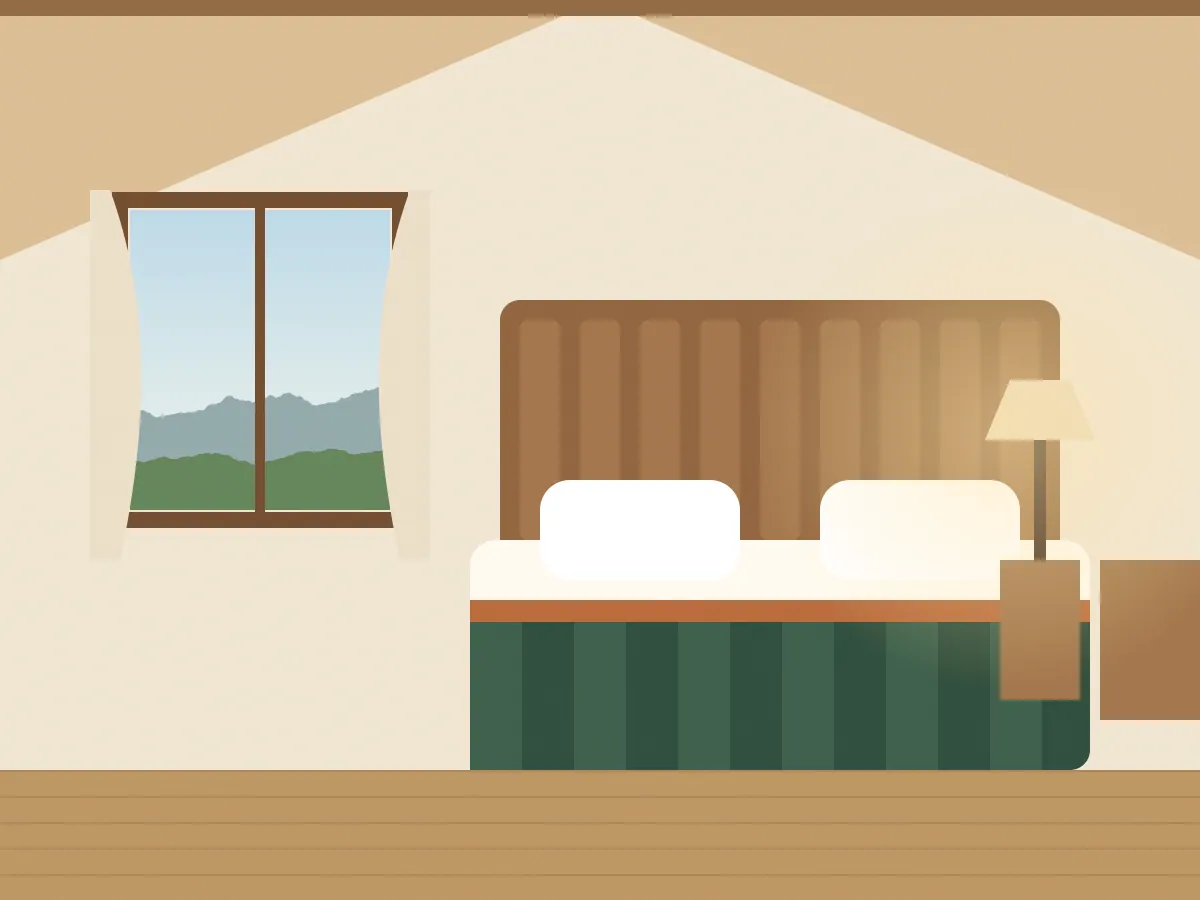 Ilustración de un dormitorio con respaldo de madera, acolchado verde y ventana al monte