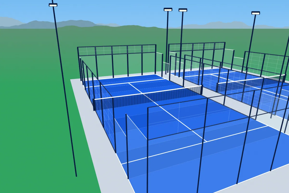 Ilustración de canchas descubiertas de día con las sierras de fondo