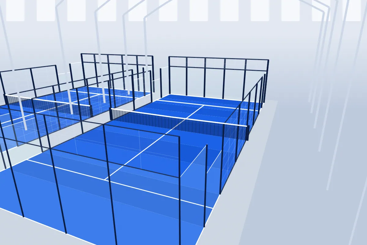 Ilustración de dos canchas techadas bajo un galpón con estructura de arcos