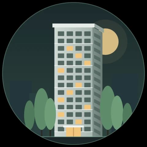 Ilustración de la Torre Alameda al atardecer, rodeada de álamos