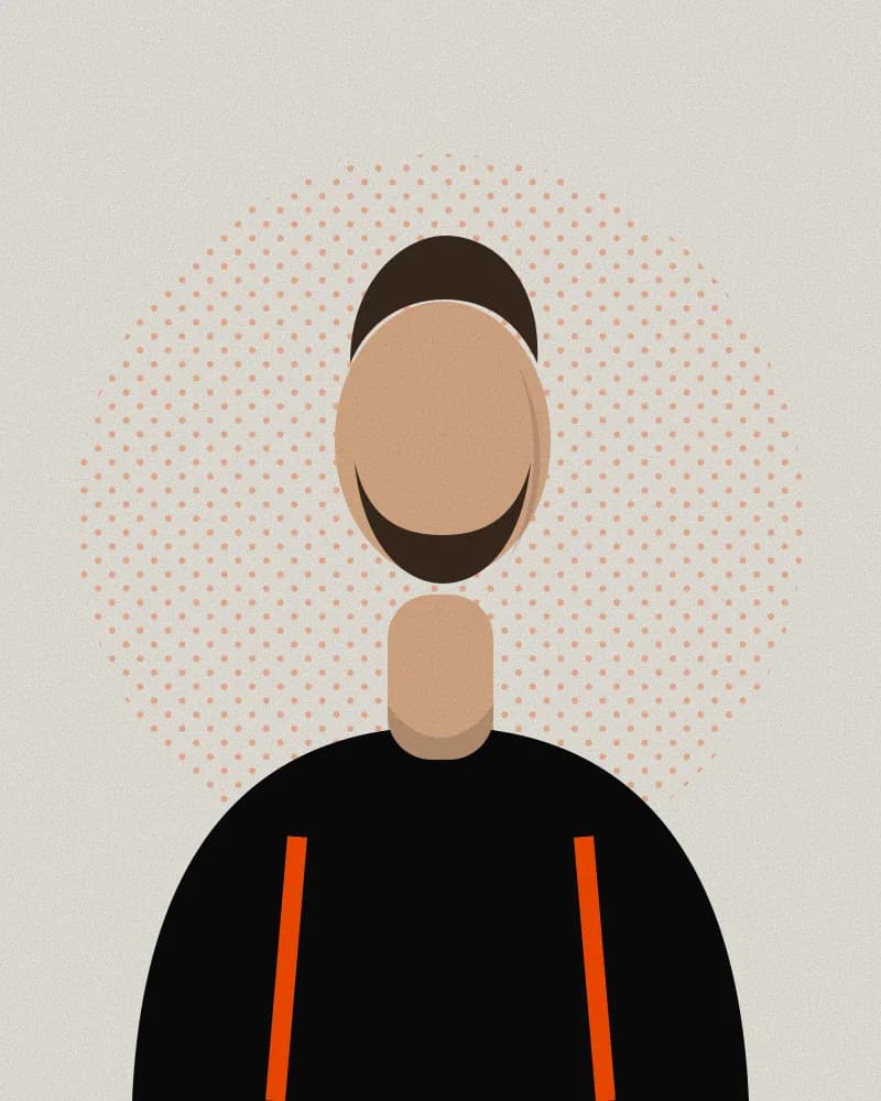 Retrato ilustrado de Joaquín, coach con barba y buzo negro, sobre fondo claro