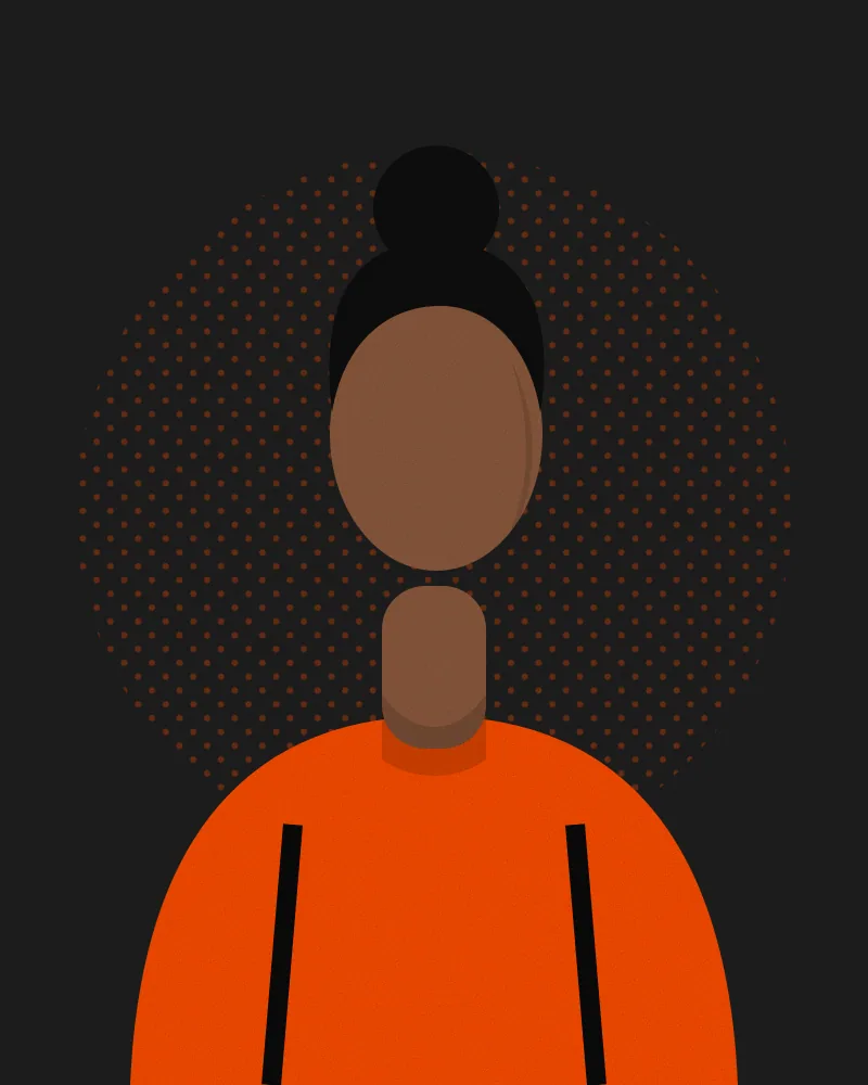 Retrato ilustrado de Lucía, coach con rodete y buzo naranja, sobre fondo oscuro