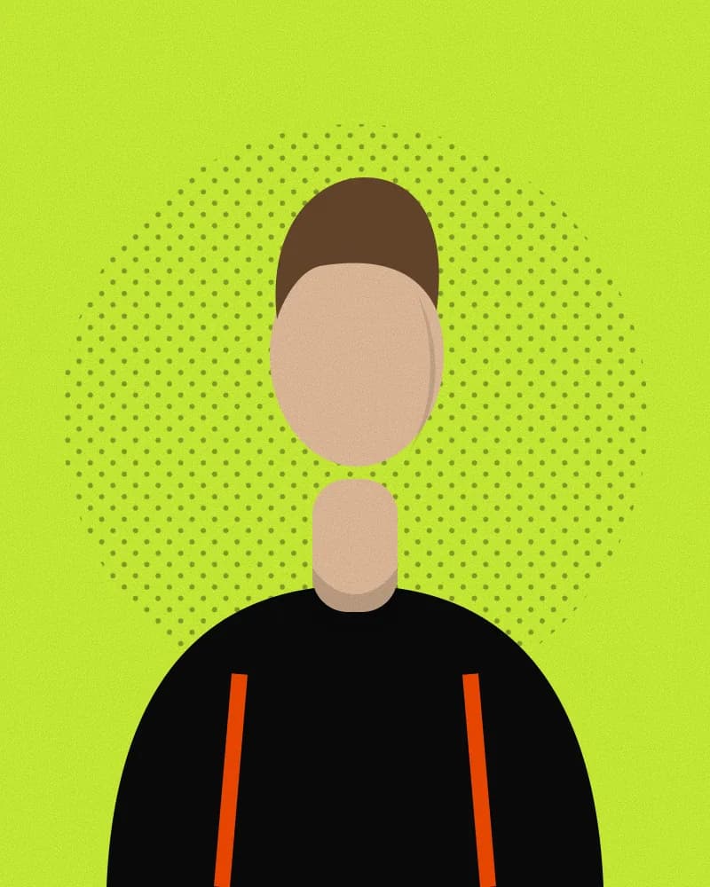 Retrato ilustrado de Ramiro, coach de pelo corto y buzo negro, sobre fondo verde lima
