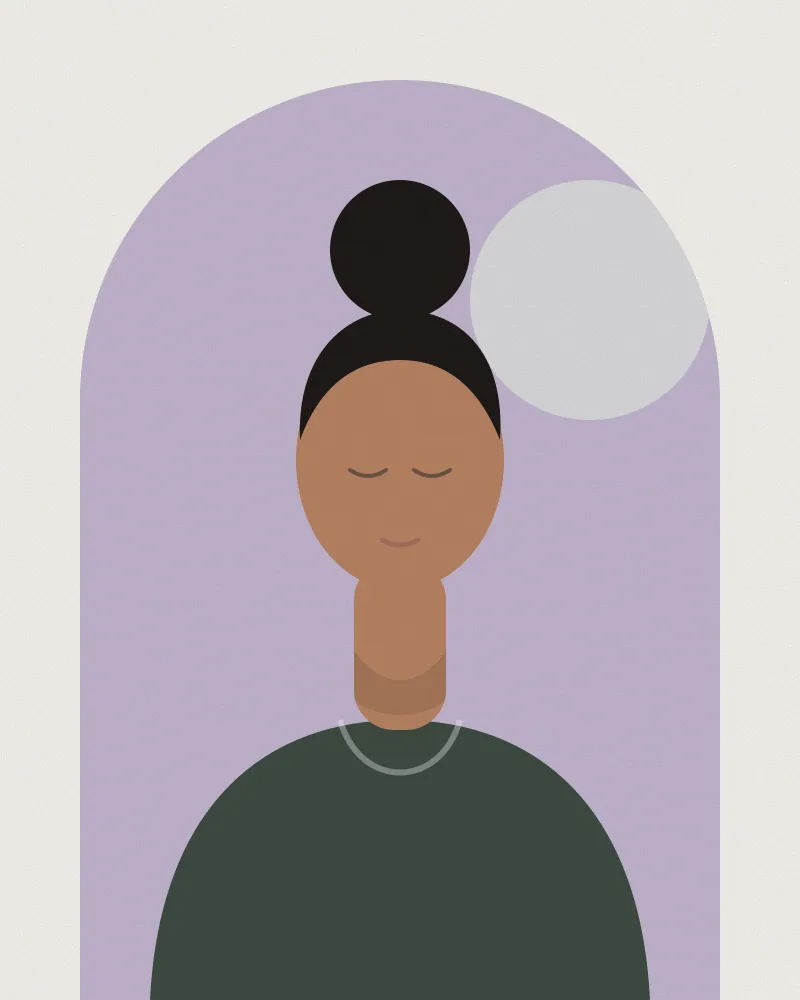 Retrato ilustrado de Camila, con rodete y remera verde oscuro, dentro de un arco lila