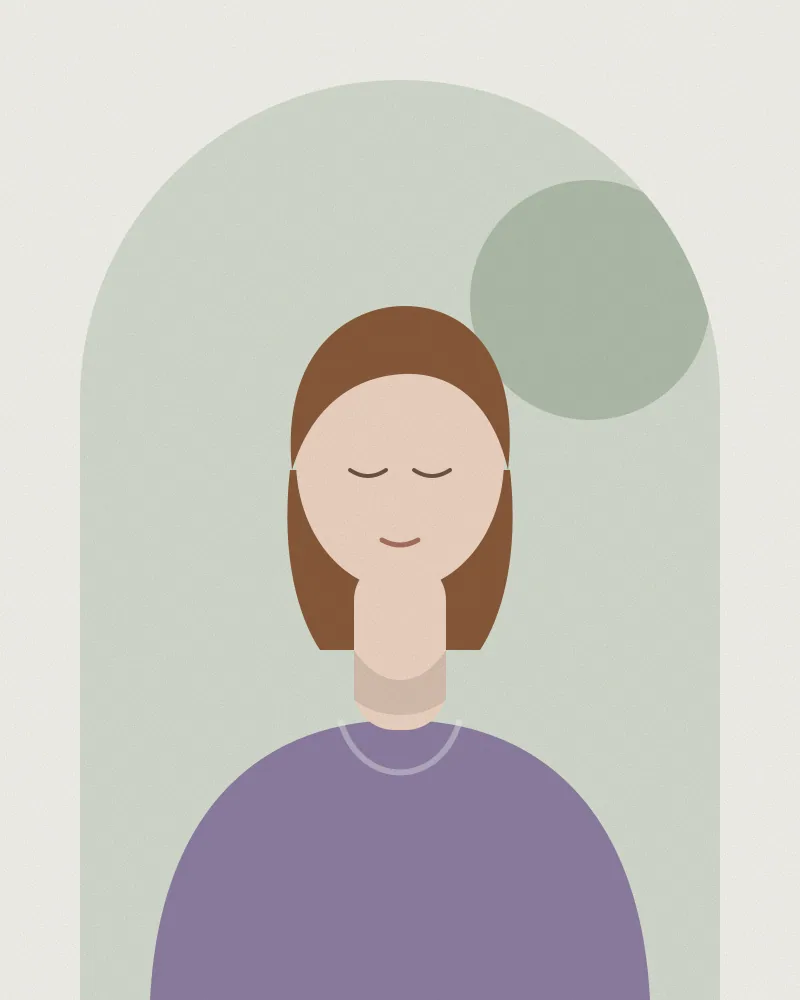 Retrato ilustrado de Julieta, de pelo corto cobrizo y remera lila, dentro de un arco verde claro