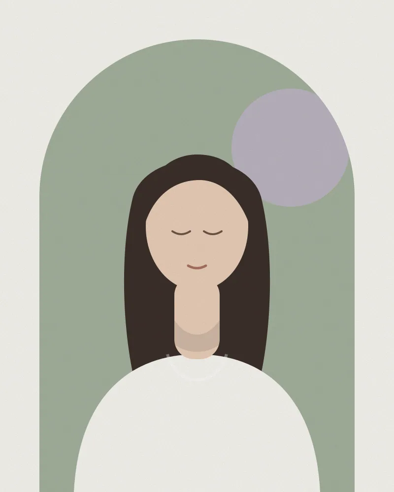 Retrato ilustrado de Valentina, de pelo largo castaño y remera clara, dentro de un arco verde salvia