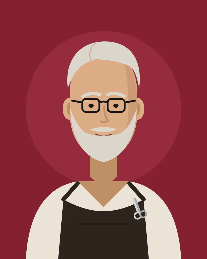 Ilustración de Filo: pelo y barba canosos, anteojos y delantal de cuero