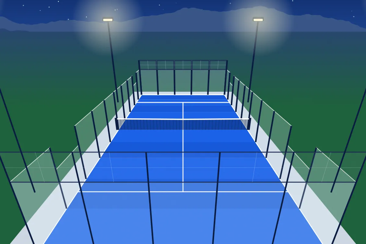 Ilustración de la cancha central panorámica de noche, con vidrio en los cuatro lados