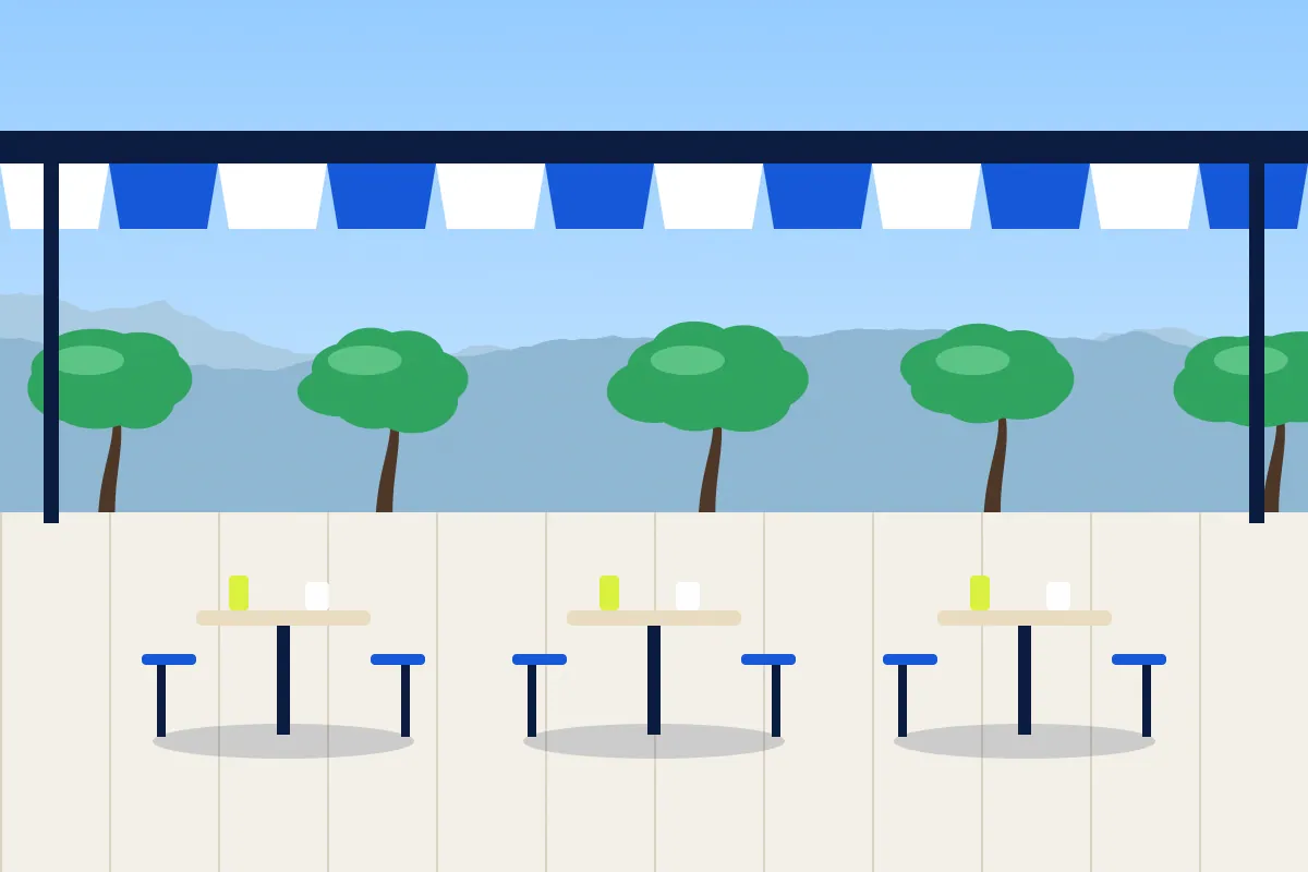 Ilustración del bar del club con mesas bajo un toldo azul y blanco y las sierras de fondo
